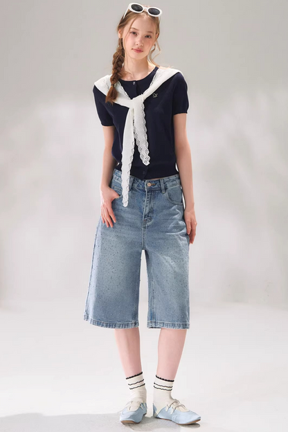 Rhinestone Denim Cropped Pants