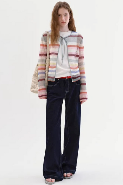 Color-Blocked Striped Knit Cardigan