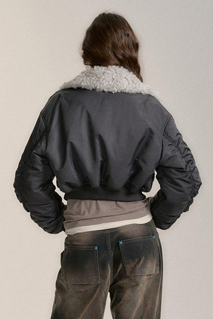 FUR COLLAR CROPPED BOMBER JACKET