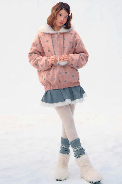 Pink Gray Polka Dot Hooded Jacket