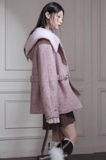 Cream Pink Hooded Wool Coat Set