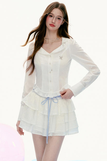 French Retro Lace Stitching Short Shirt