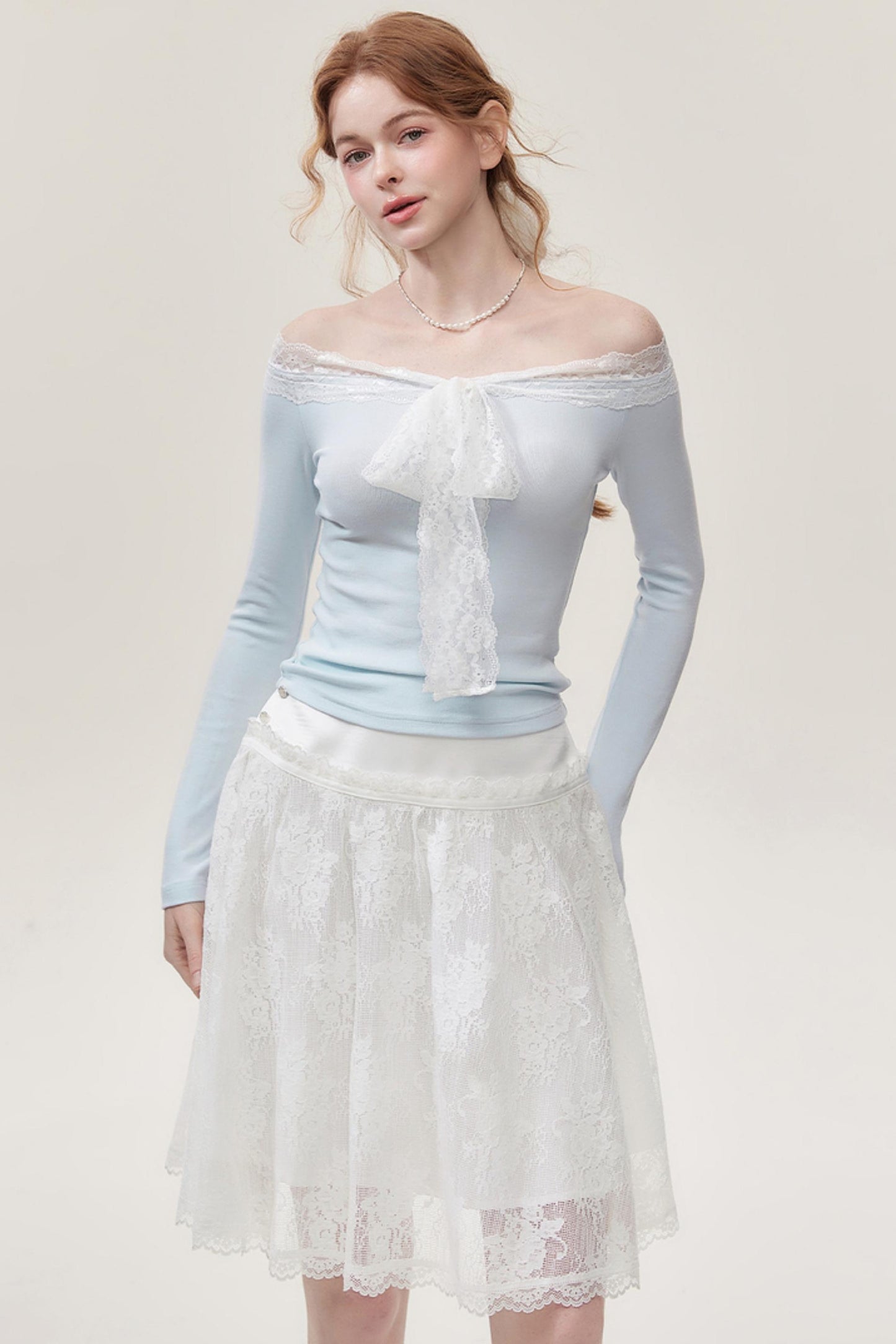 Light  Blue Lace One-Shoulder Top