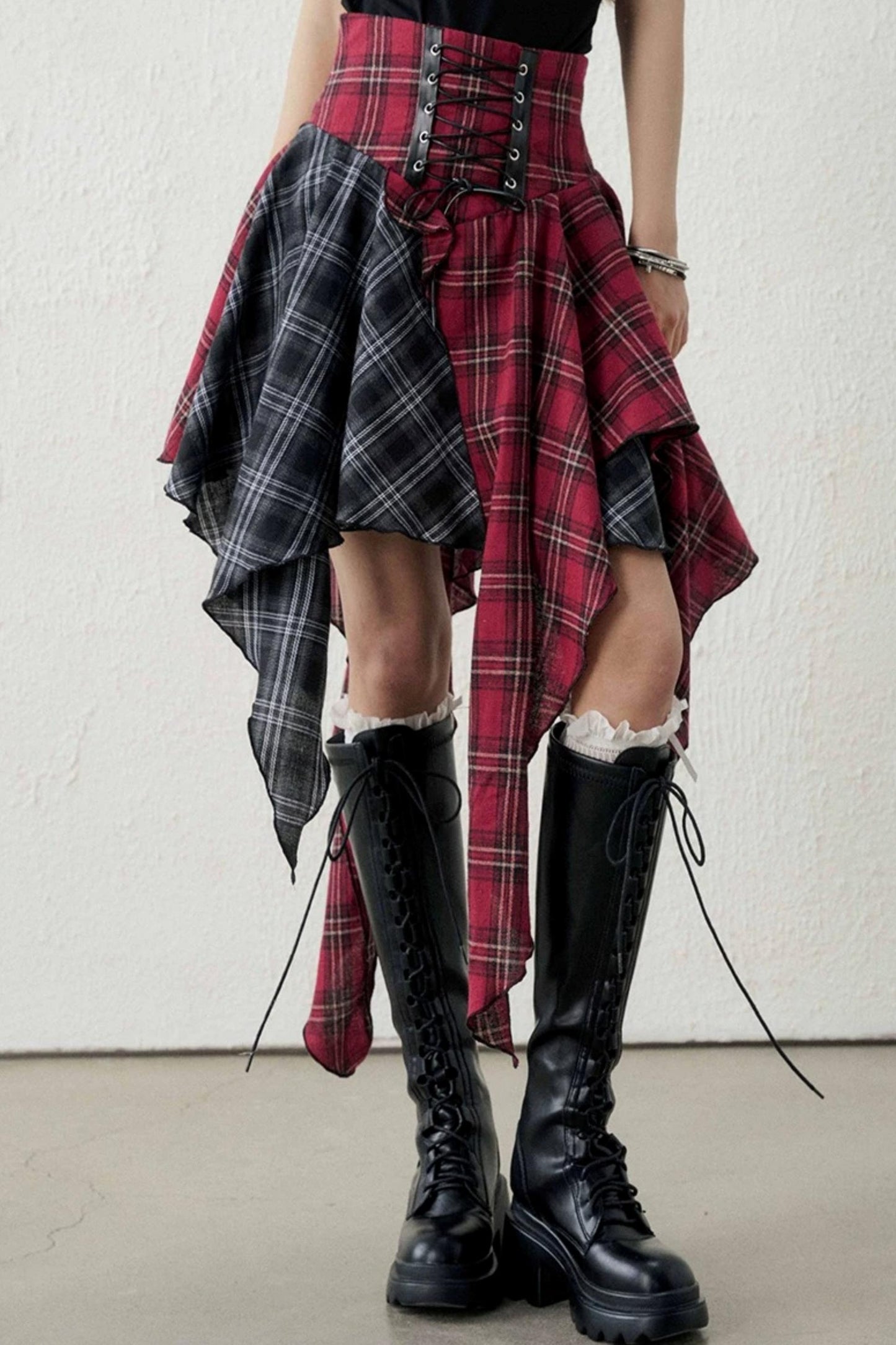 Irregular Plaid Patchwork Skirt