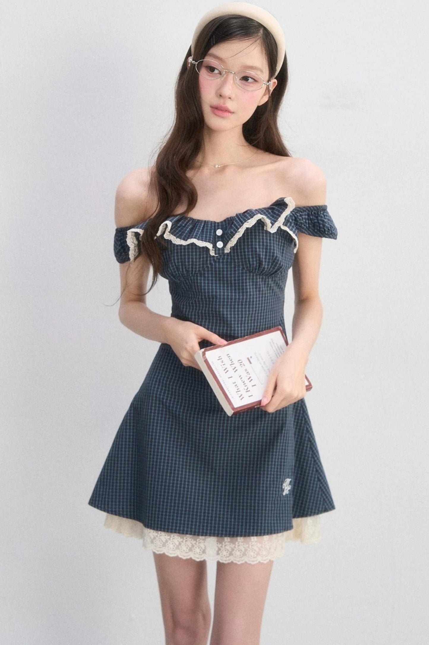 레이스 체크 A라인 원피스