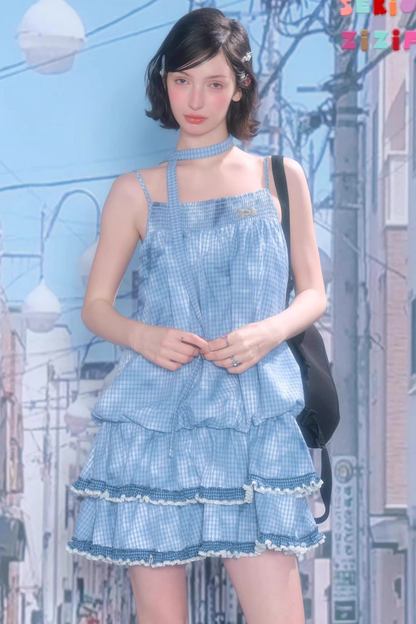 Summer Blue Plaid Lace Dress
