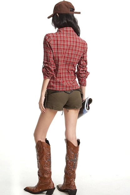 Loose Fit Waist-Tightening Plaid Shirt