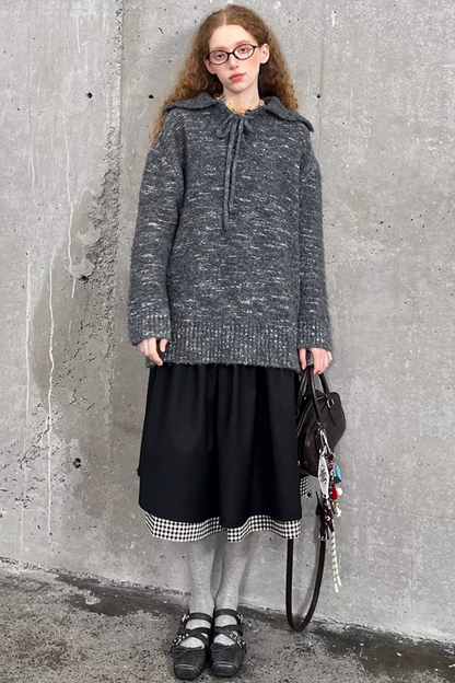 Lace-Up Turn-Down Collar Sweater Matching Set