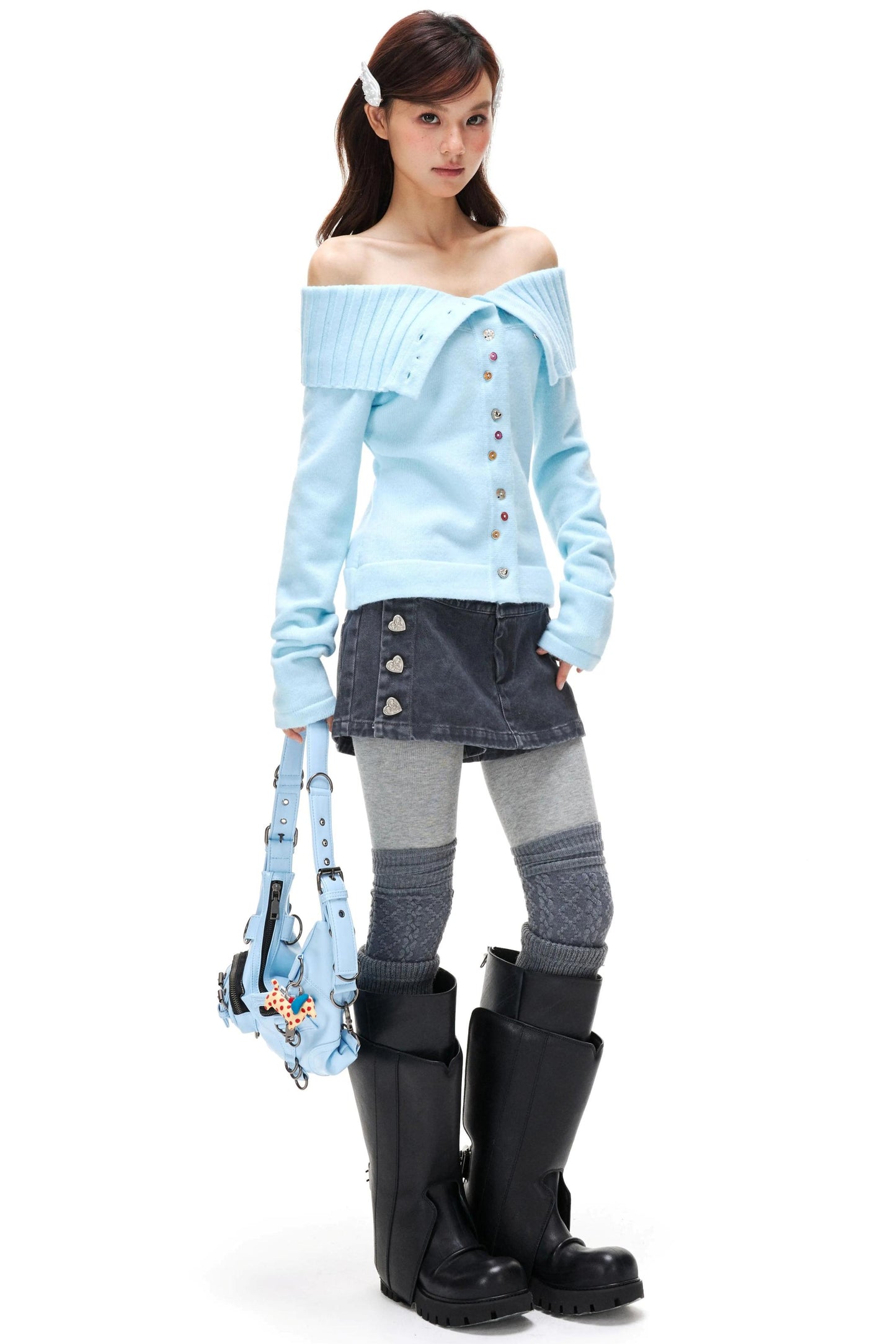 Colorful Button Off-Shoulder Knit Sweater