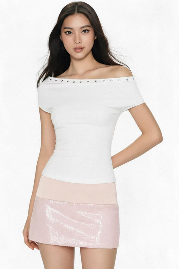 White Asymmetrical Rhinestone Top