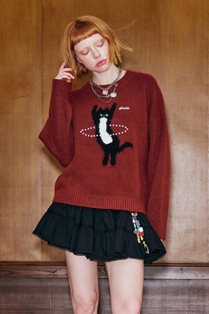 DANCING KITTEN ROUND NECK SWEATER