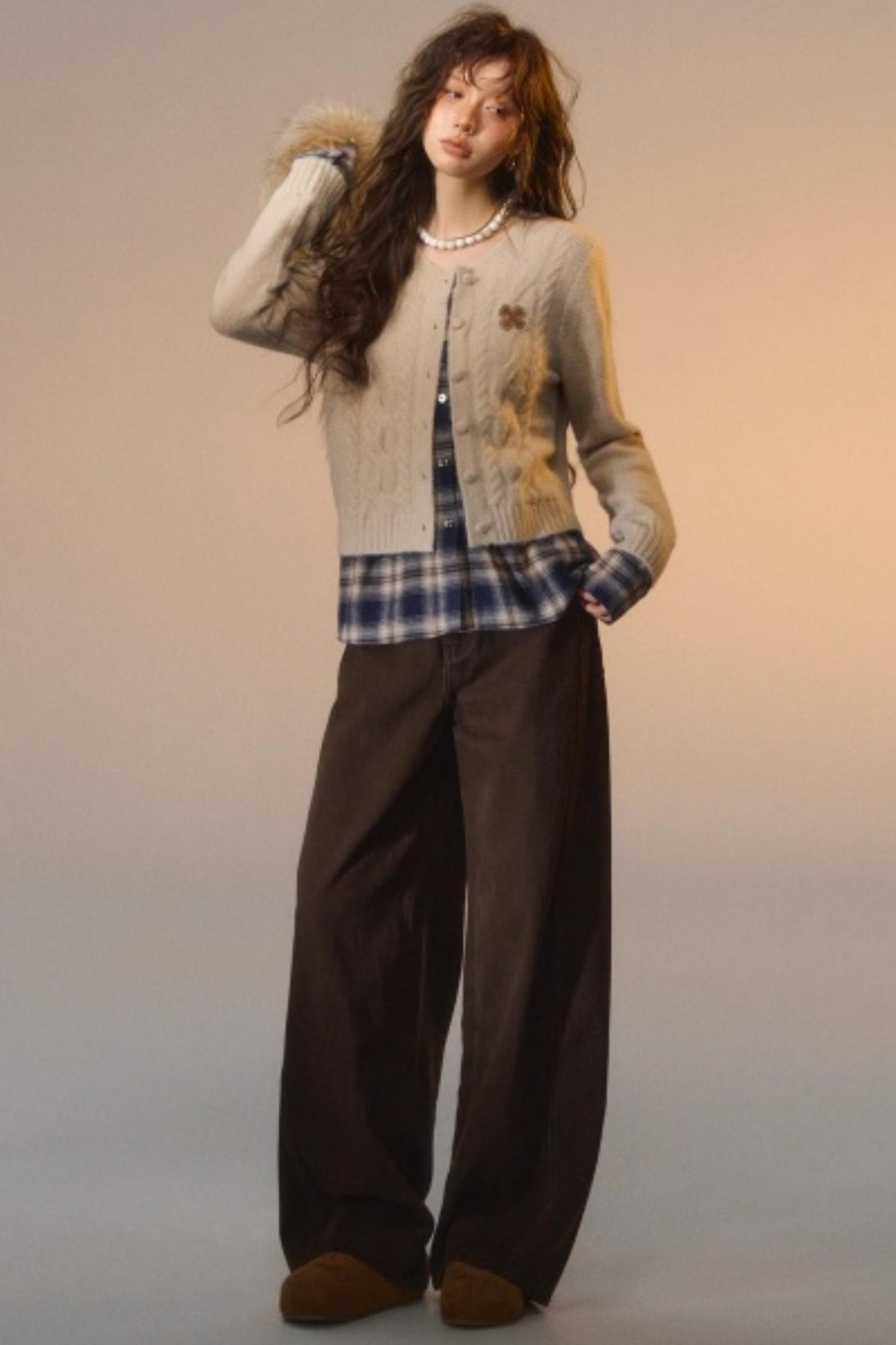 Plaid Patchwork Knit Cardigan