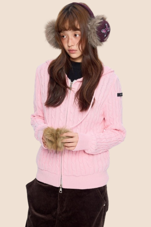 Furball Twisted Knit Hooded Cardigan