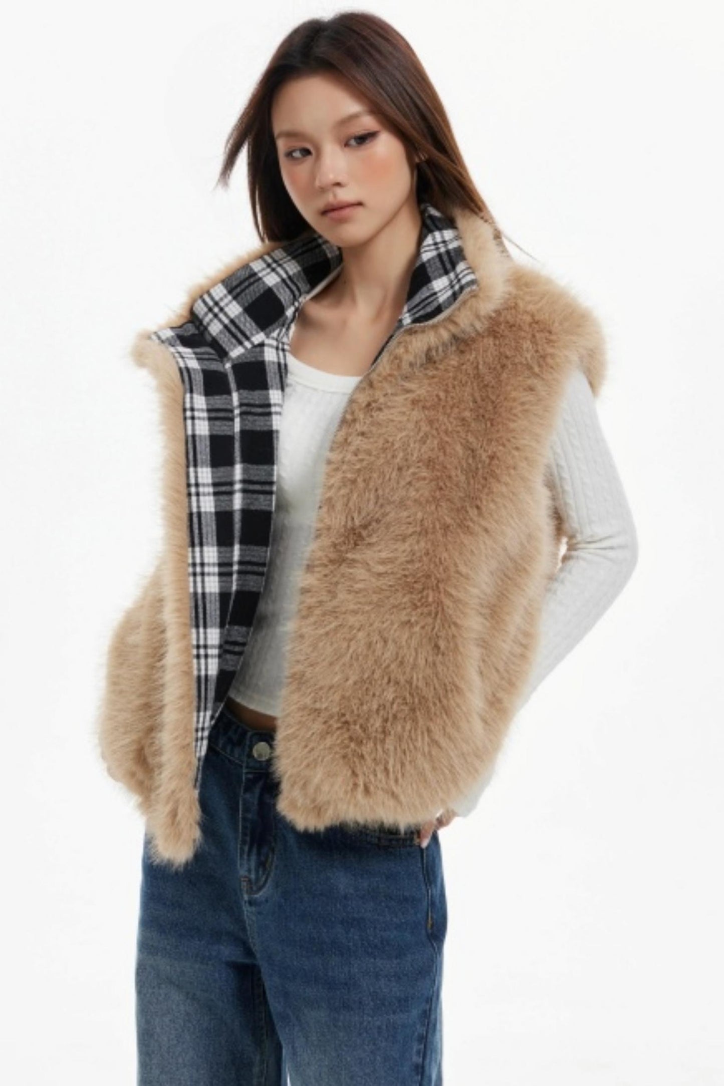 Plaid Lined Fur Vest Reversible Jacket