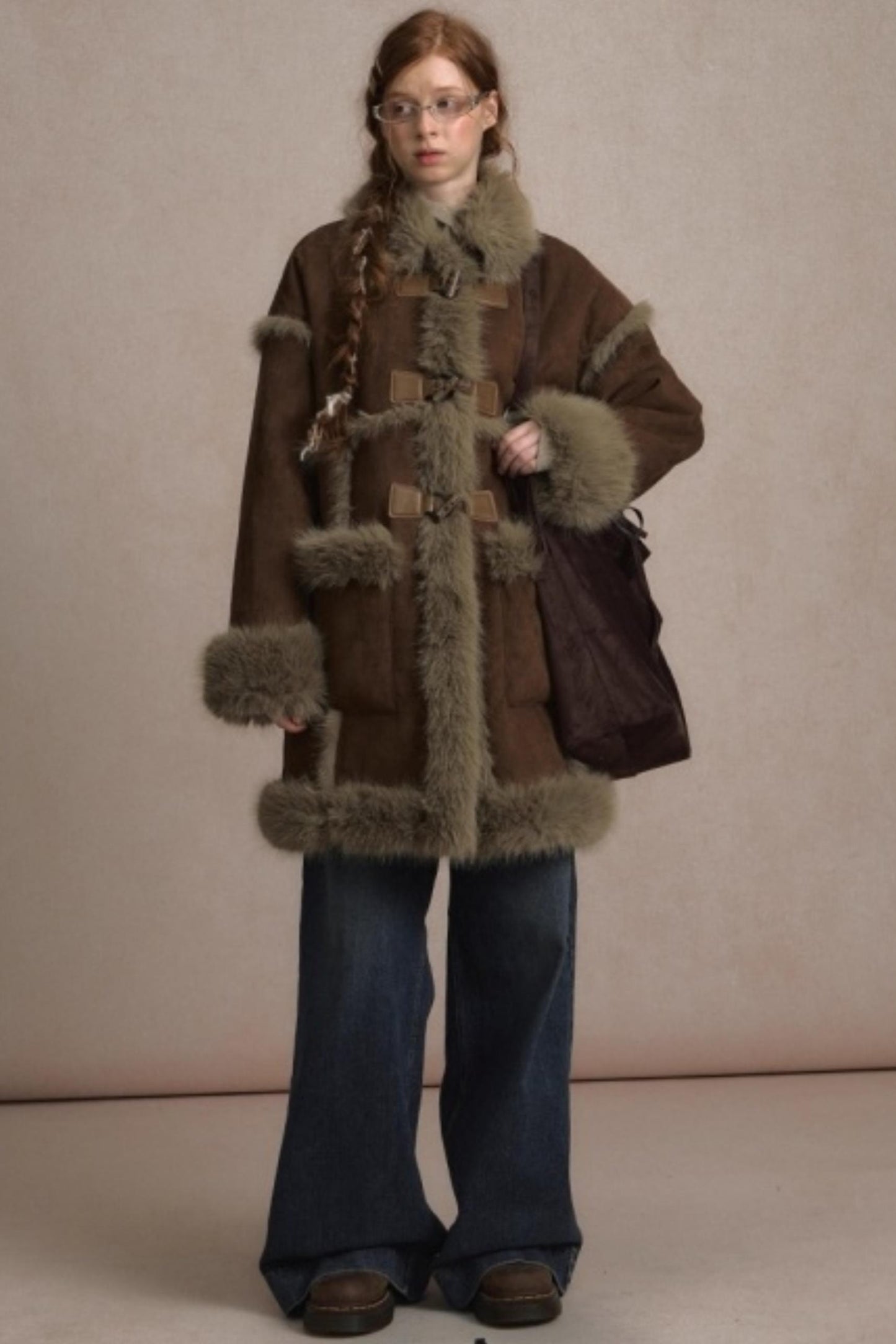 Integrated Fur Collar Horn Button Jacket