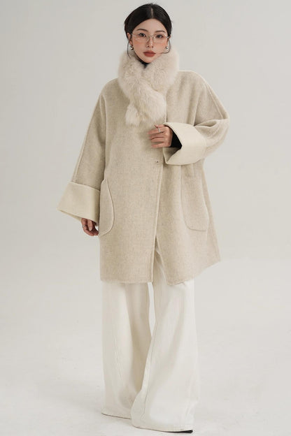 Elegant Fox Fur Collar Wool Cape Coat
