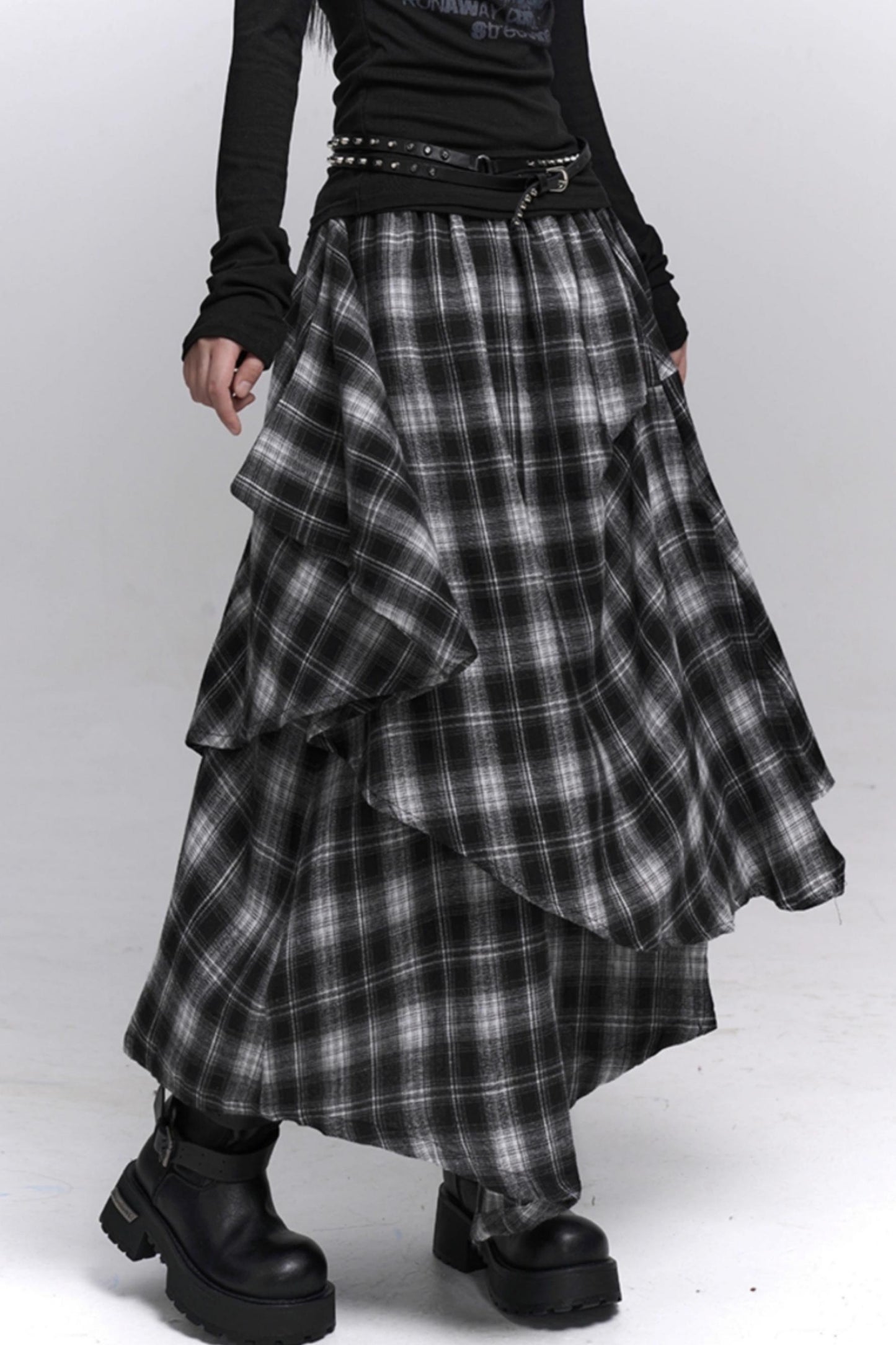 Gray Black Plaid Pleated Skirt