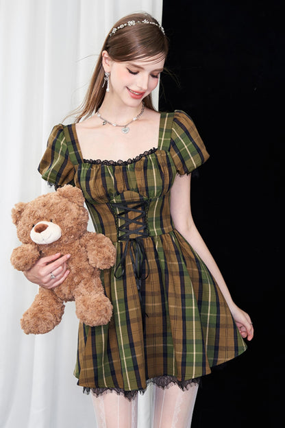 Greenfield Checkered Puff Sleeve Dress