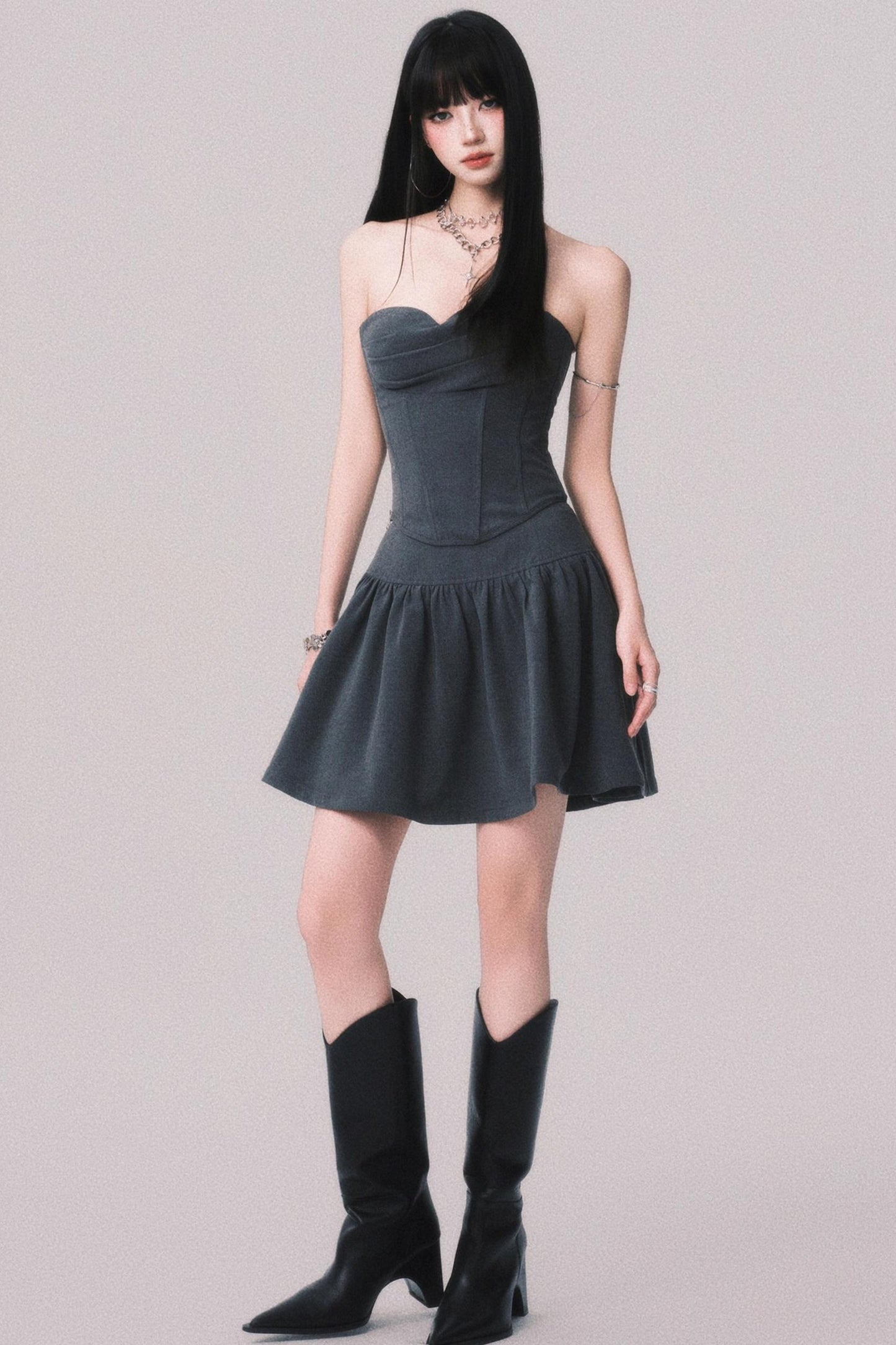 Gray Fishbone Waist Top Bustier Skirt Set-Up