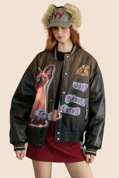 Vintage Dog Print PU Leather Jacket