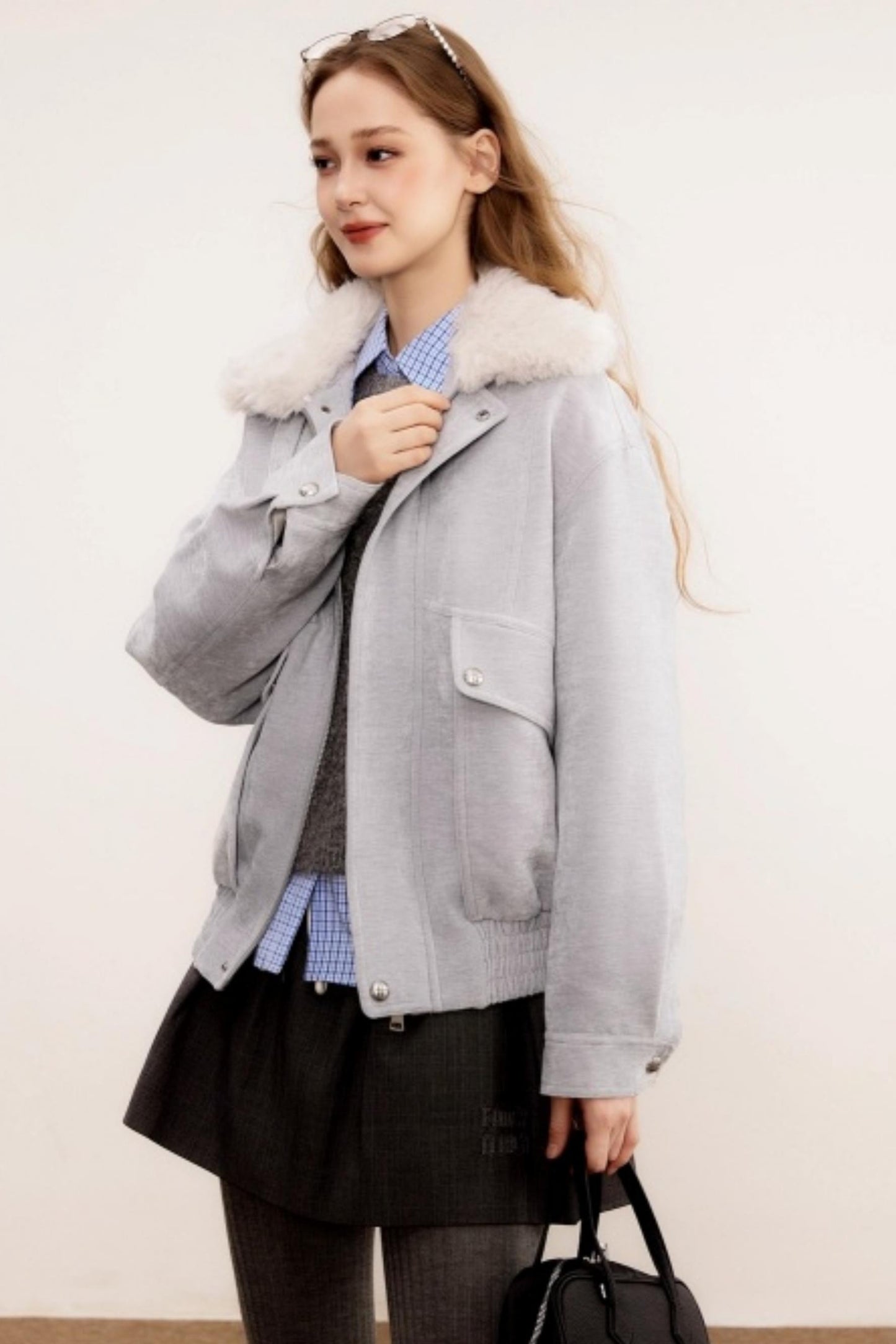 Chenille Detachable Fur Collar Jacket
