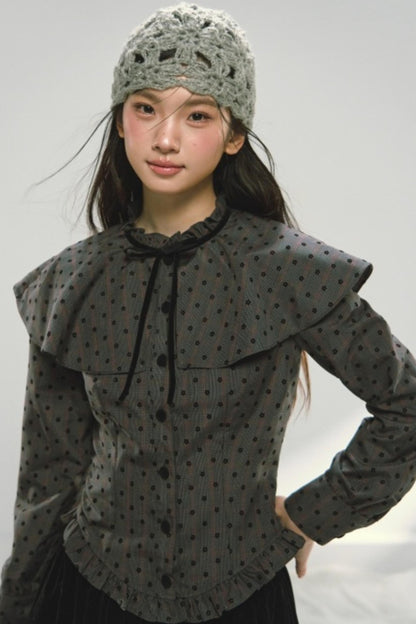 Plaid Velvet Floral Cape Blouse