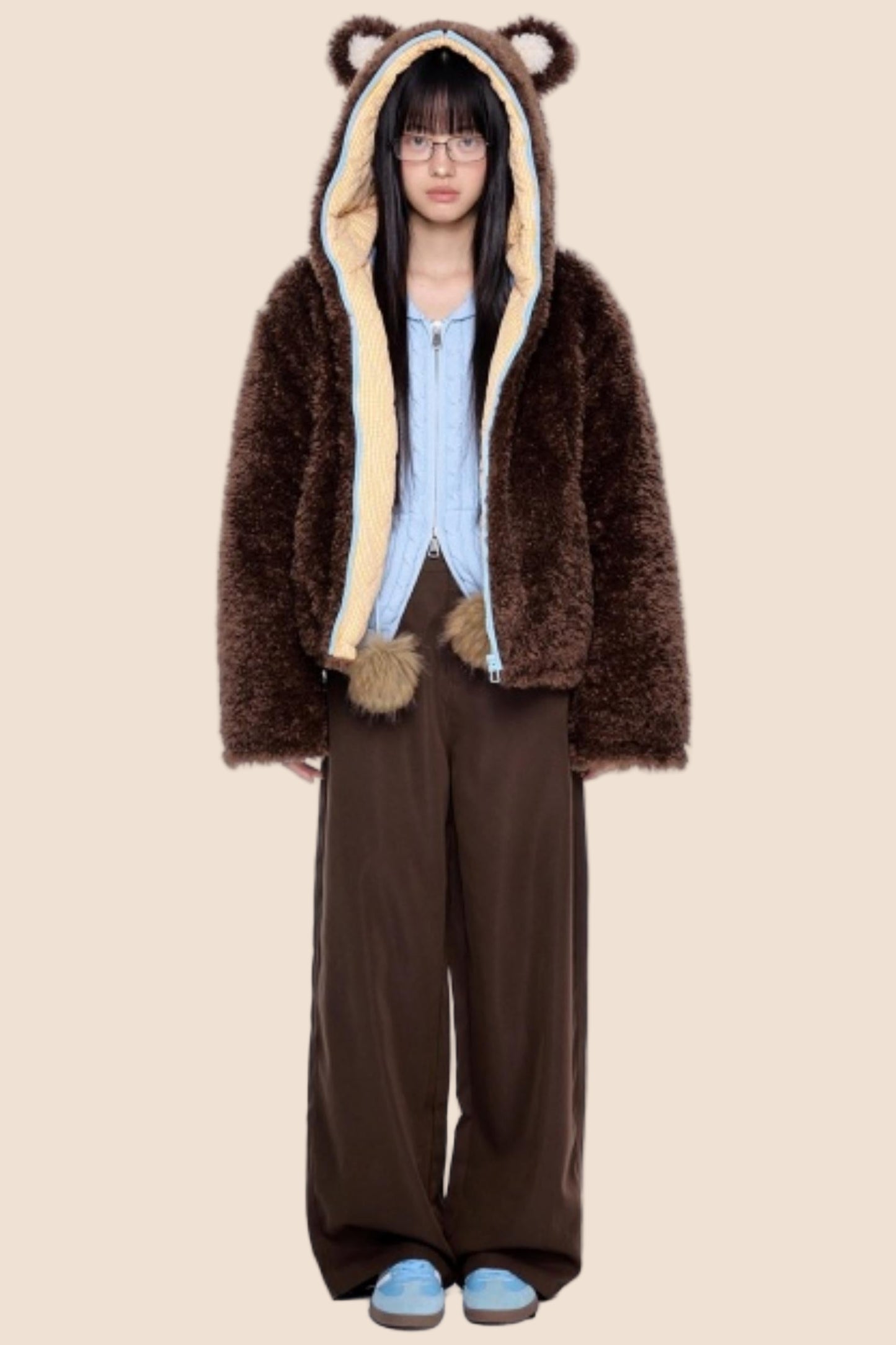 Ear-Flap Striped Faux Shearling Jacket