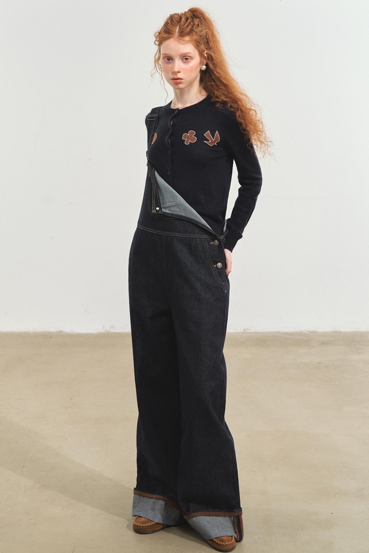 Dark Blue Denim Cuffed Overalls Pants