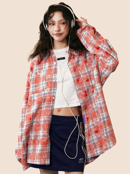 Stitching Contrasting Plaid Long-Sleeved Shirt