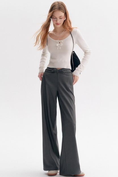 Wool Blend Bow Wide-Leg Pants