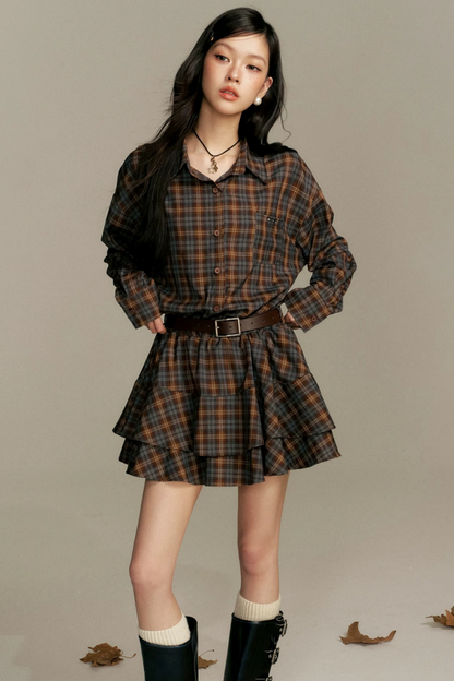 Shawl Paired Plaid Dress With Belt Set-Up