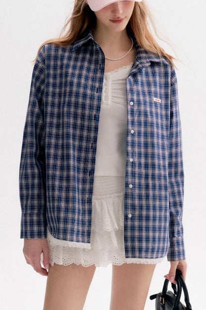 Lace Panel Check Loose Shirt Set-Up