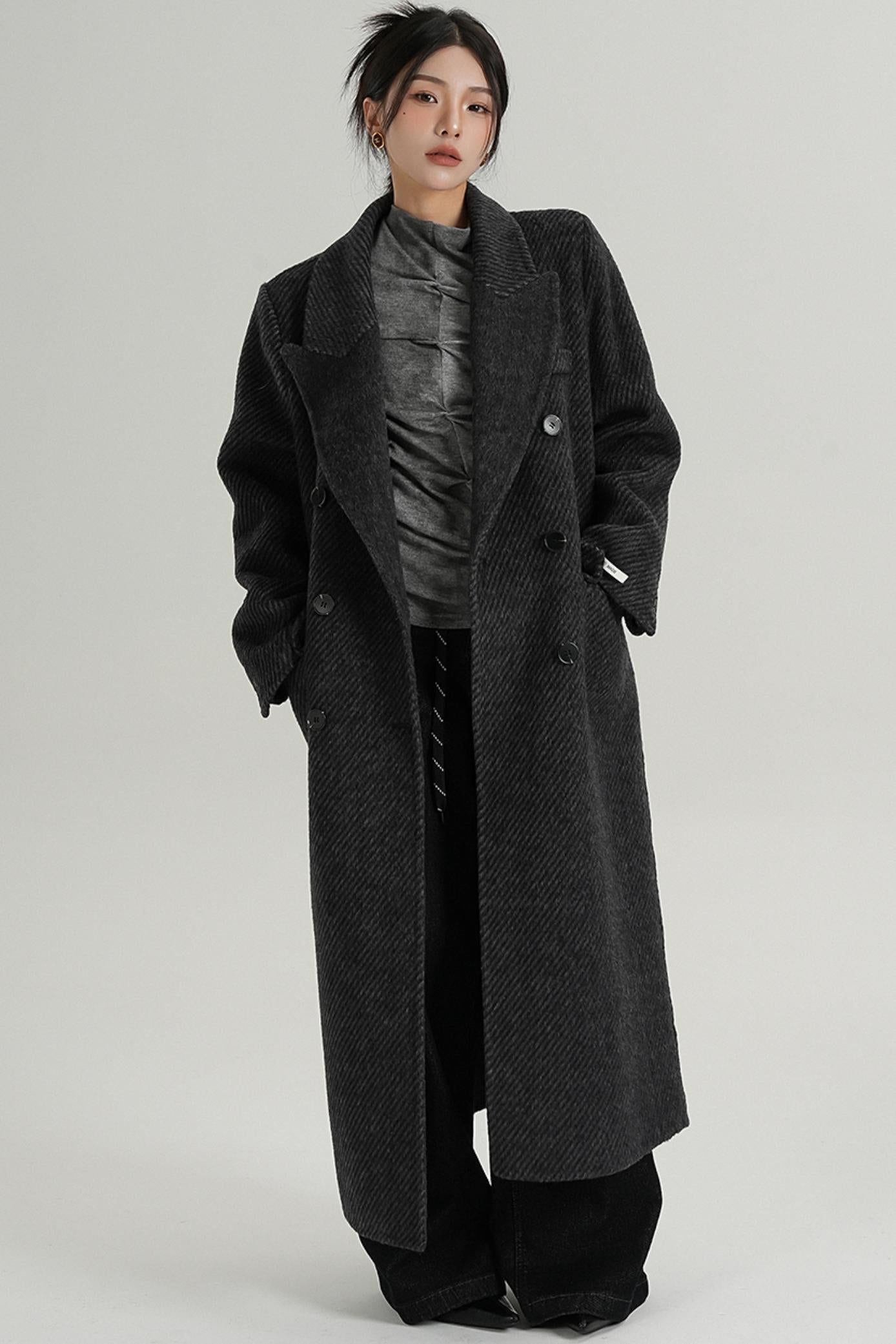 Long Double-Faced Tweed Wool Coat