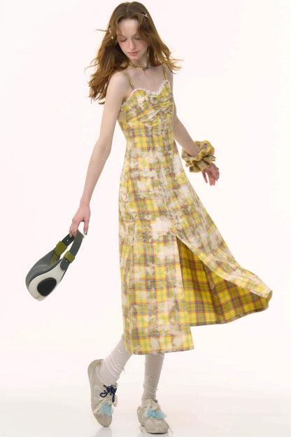 Vintage Yellow Plaid Halter Dress