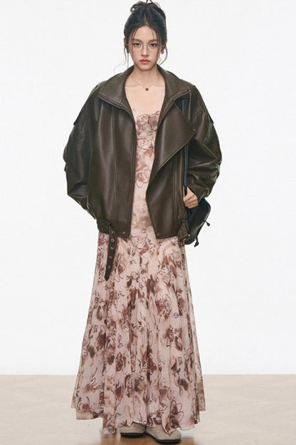 High-End Leather Jacket With Shorts Set-Up