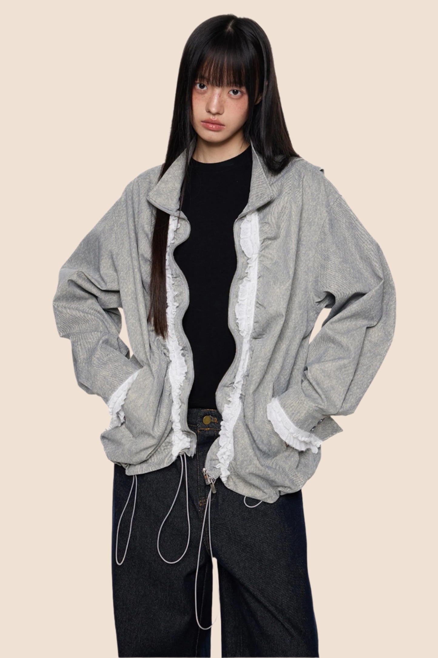 Loose Fit Pleated Lace Zip Jacket