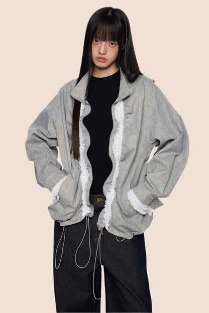 Loose Fit Pleated Lace Zip Jacket