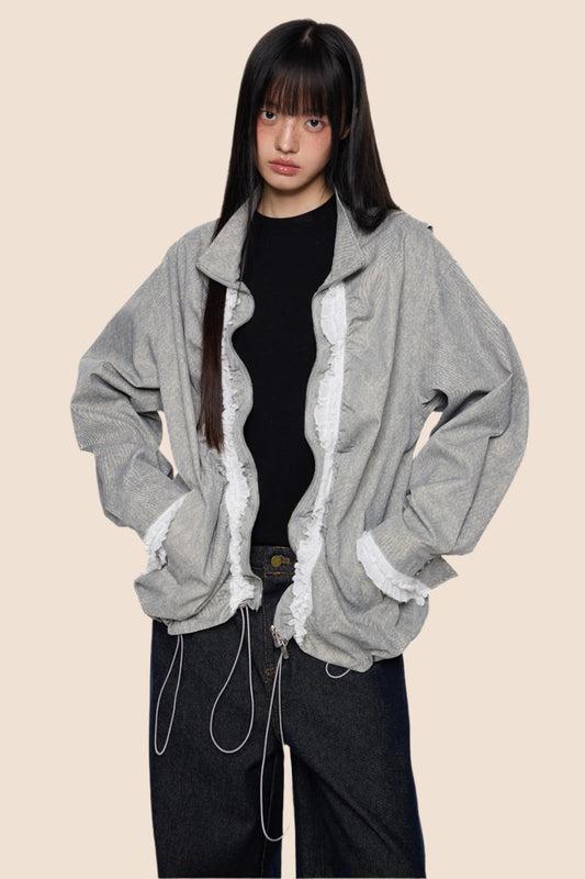 Loose Fit Pleated Lace Zip Jacket