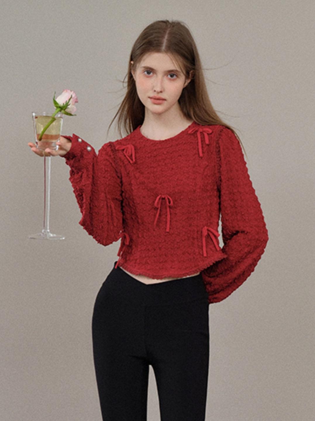 [8.7 20 Uhr neu] French Design Sense Langarm Schleife Rot Pendler Crew Neck Pullover stricken