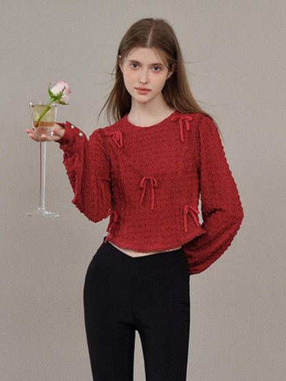 [8.7 20 Uhr neu] French Design Sense Langarm Schleife Rot Pendler Crew Neck Pullover stricken