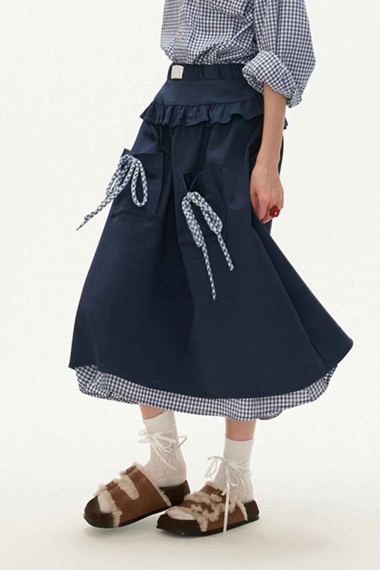 College Check Bow Midi Skirt