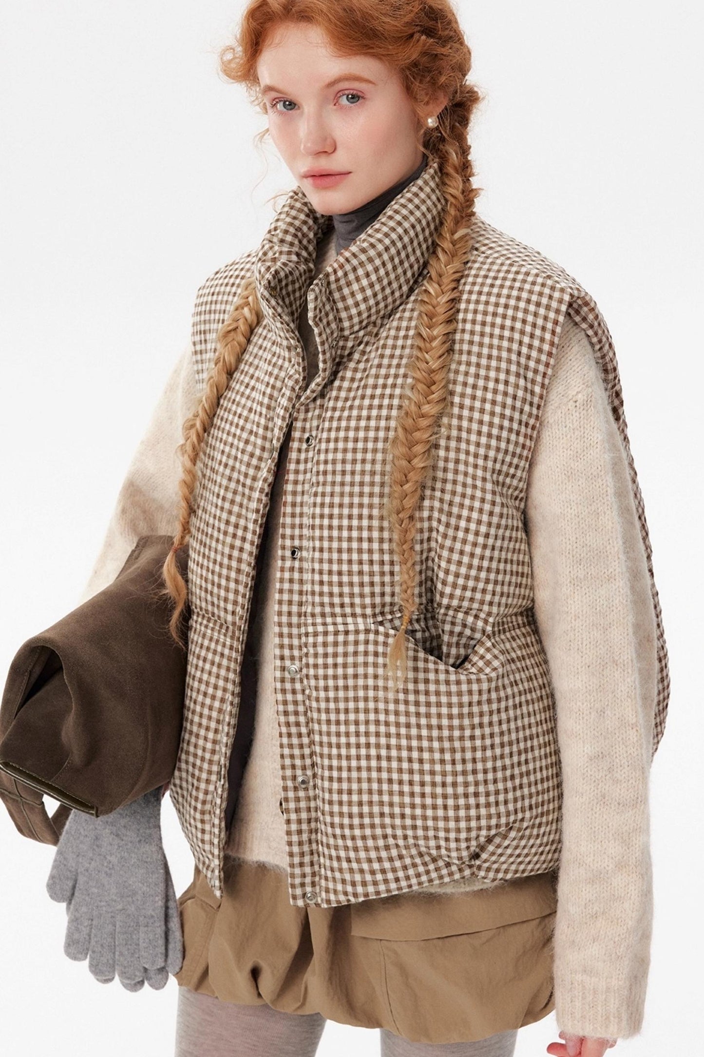Linen Plaid Down Vest Jacket