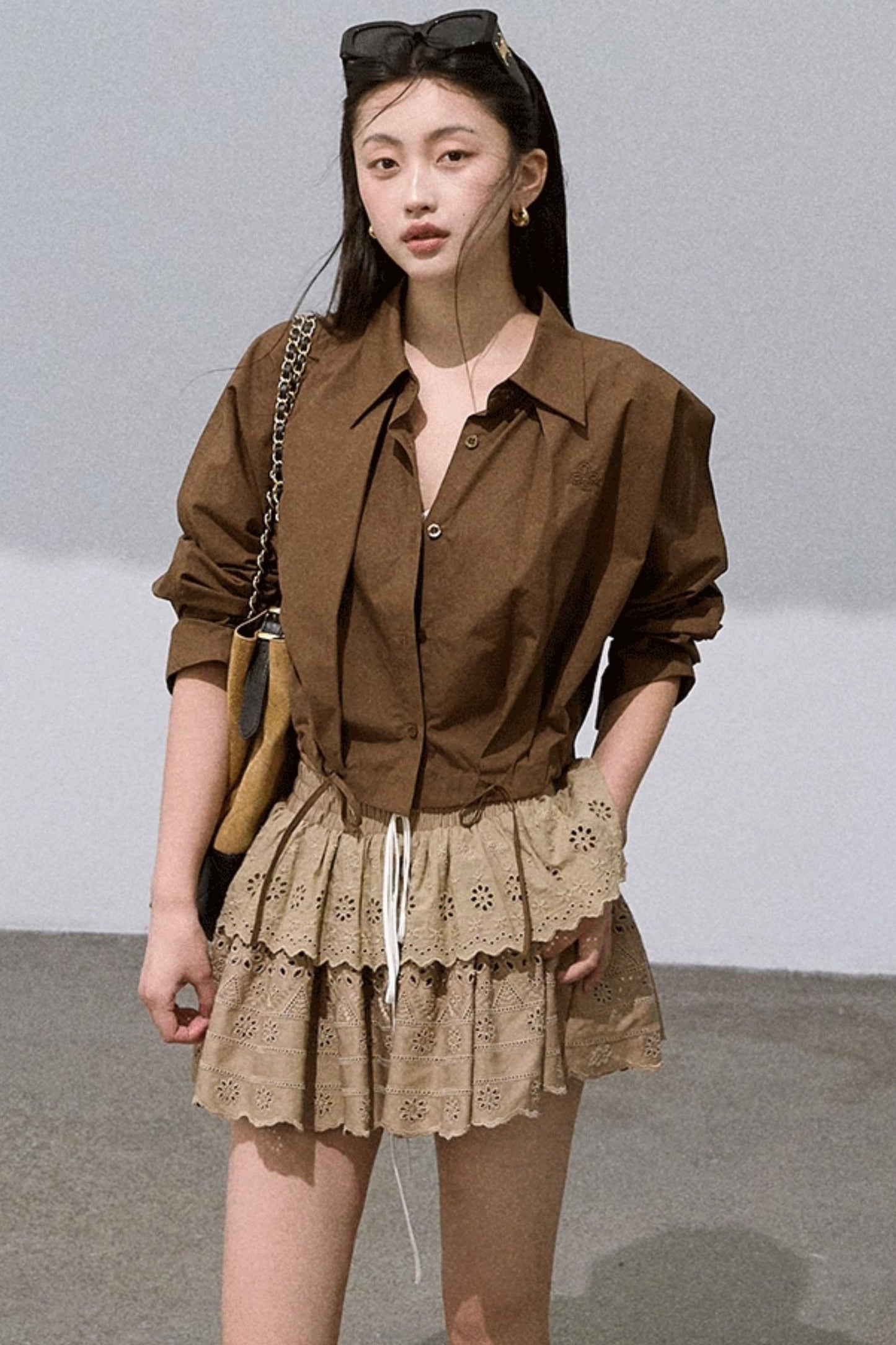 Cropped Lace-Up Cotton Shirt