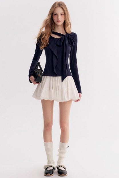 Romantic French Streamer Bow V-Neck Slim T-Shirt