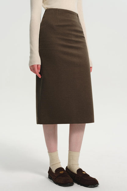 Woolen High-Waist Coffee Slit Skirt