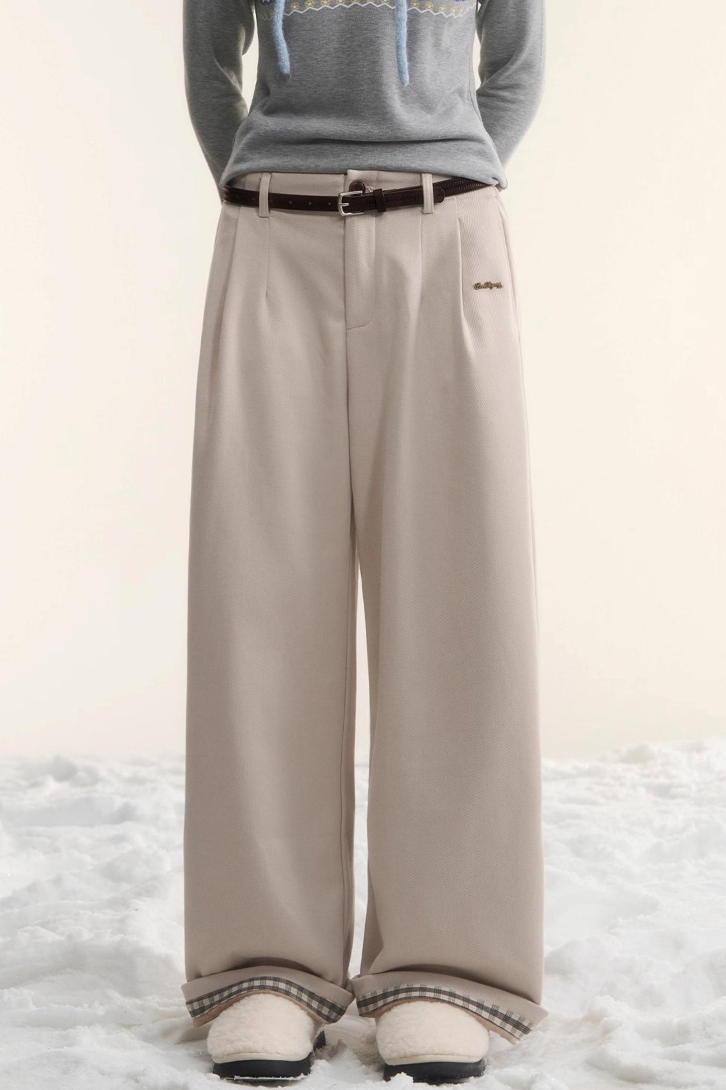 Plaid Fleece-Lined Wide-Leg Pants