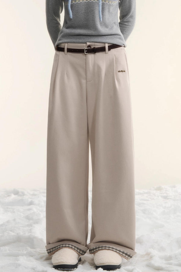 Plaid Fleece-Lined Wide-Leg Pants