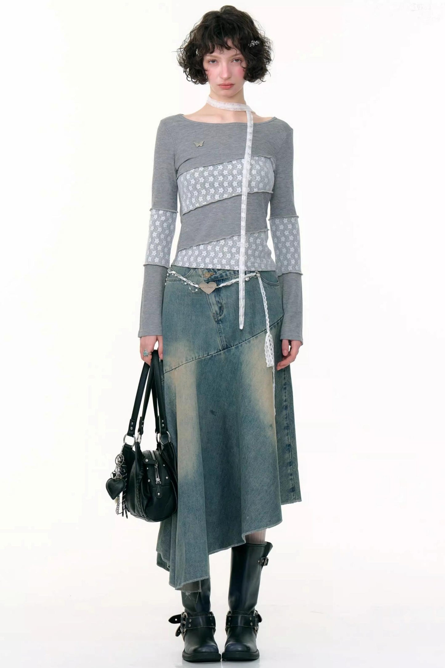 High-Waisted Irregular Denim Skirt