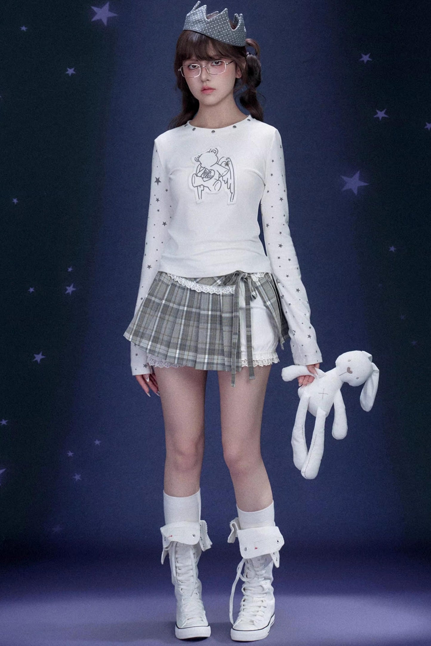 Gray-Green Plaid Pleated Skirt