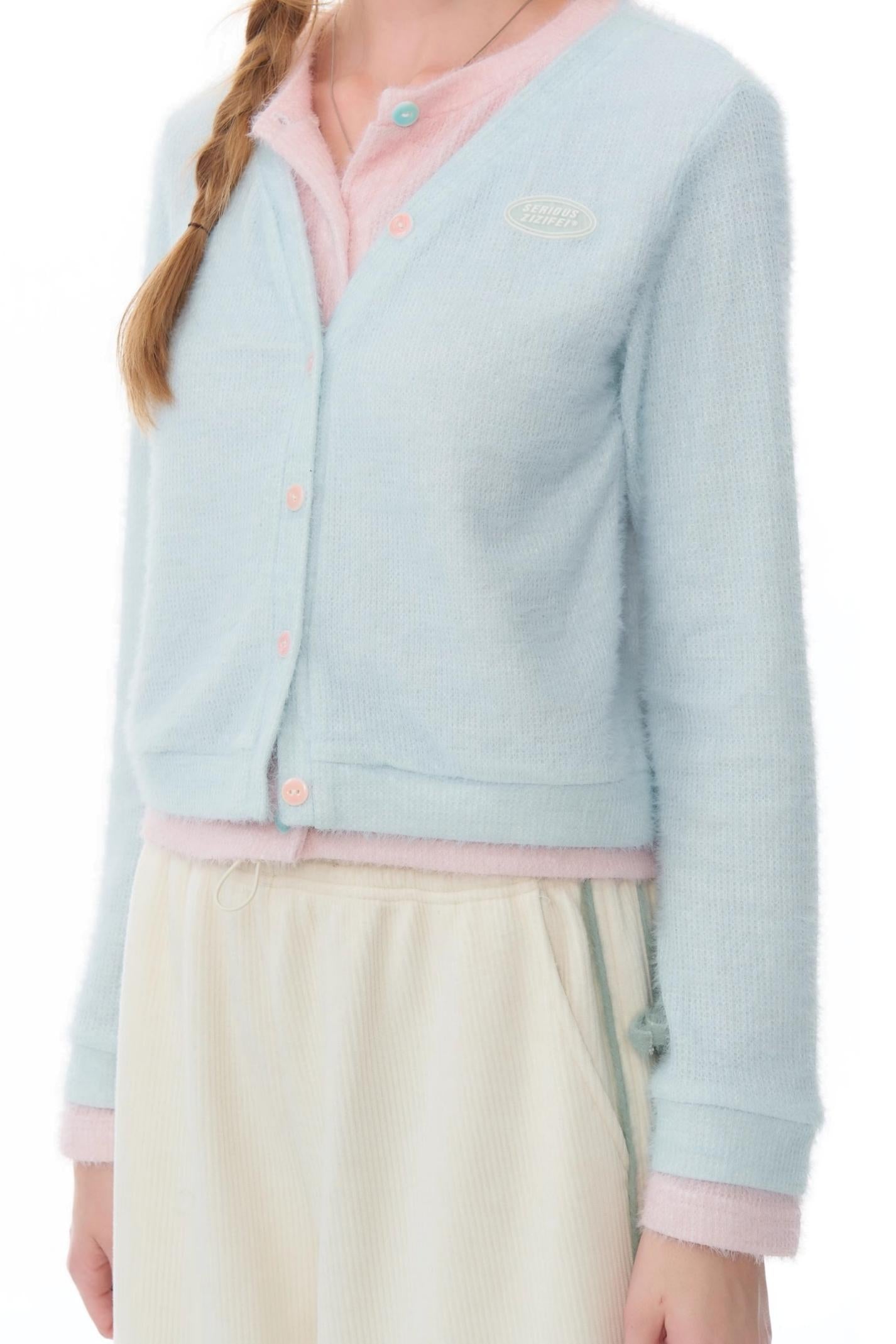 Fake Two-Piece Blue and Pink Cardigan